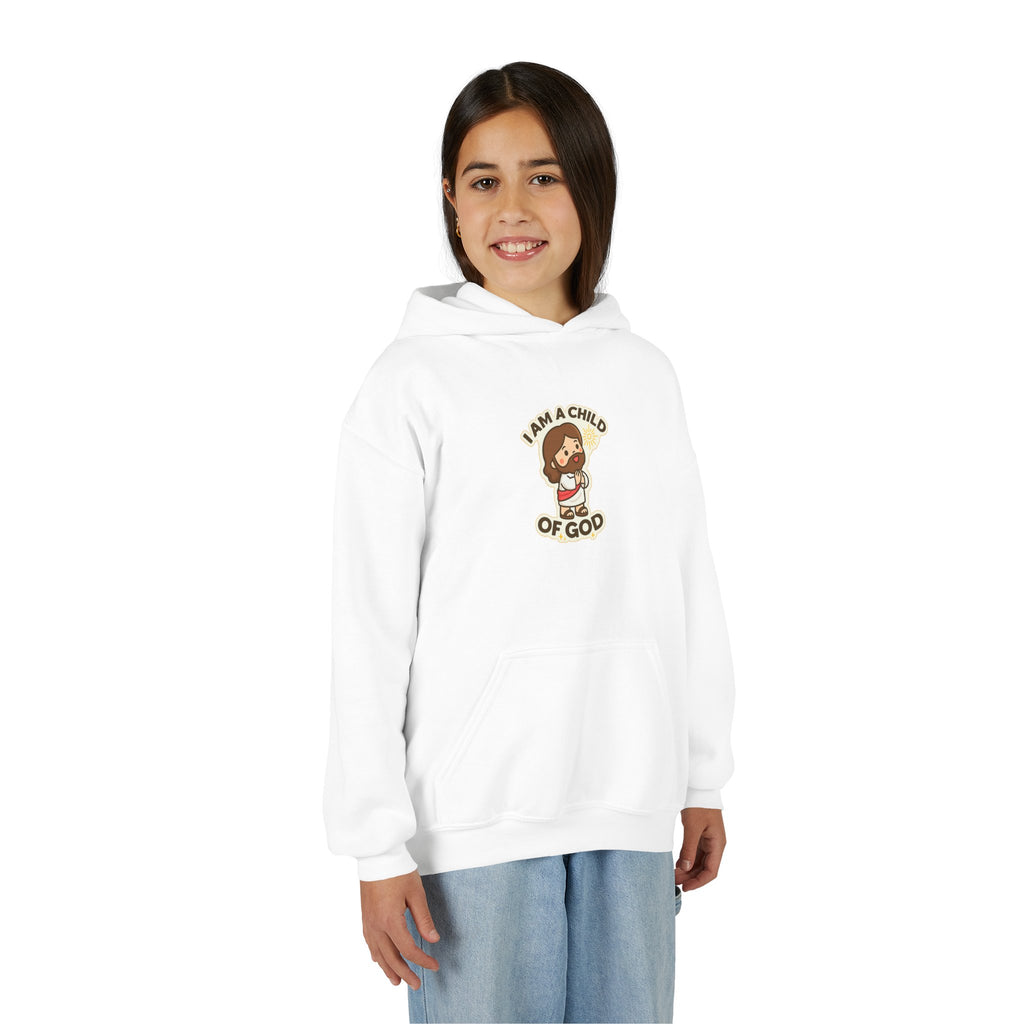 Youth Hoodie — "I Am a Child of God" Cute Kids Christian Pullover