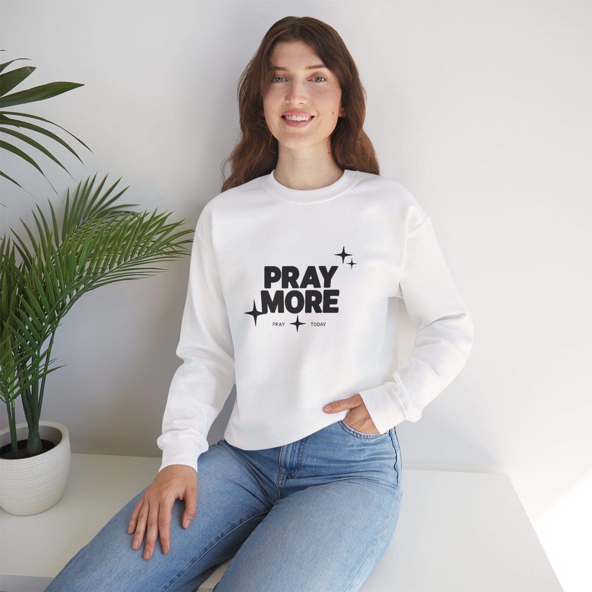Pray More Crewneck Sweatshirt — Inspirational Christian Faith Graphic