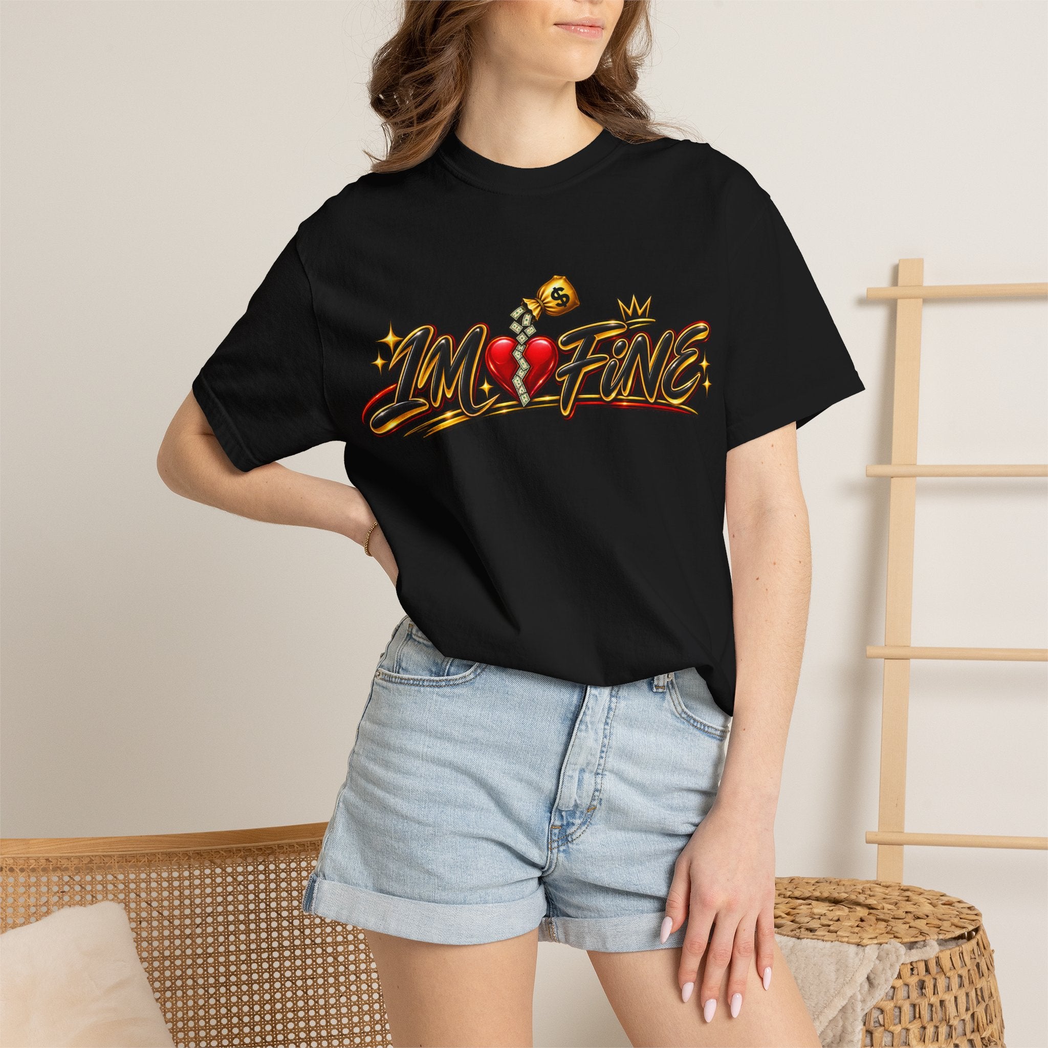 T-Shirt — "I'm Fine" Graphic Tee with Broken Heart Street Art Design