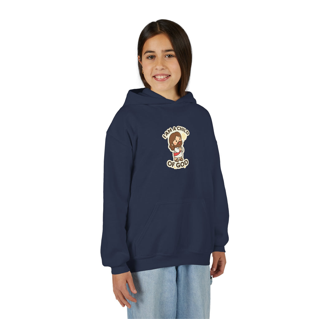 Youth Hoodie — "I Am a Child of God" Cute Kids Christian Pullover