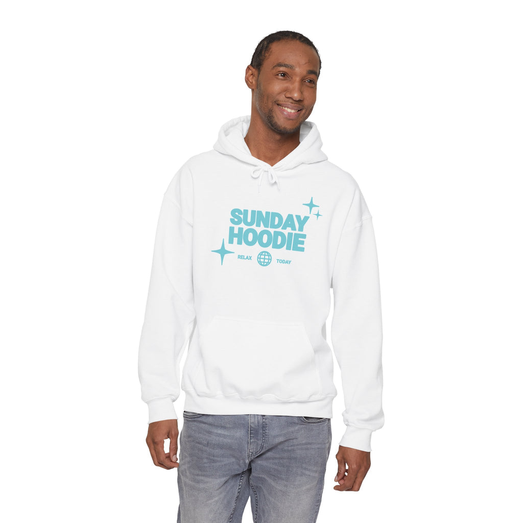 Sunday Hoodie Pullover — Cozy White Hoodie with Retro Aqua Graphic