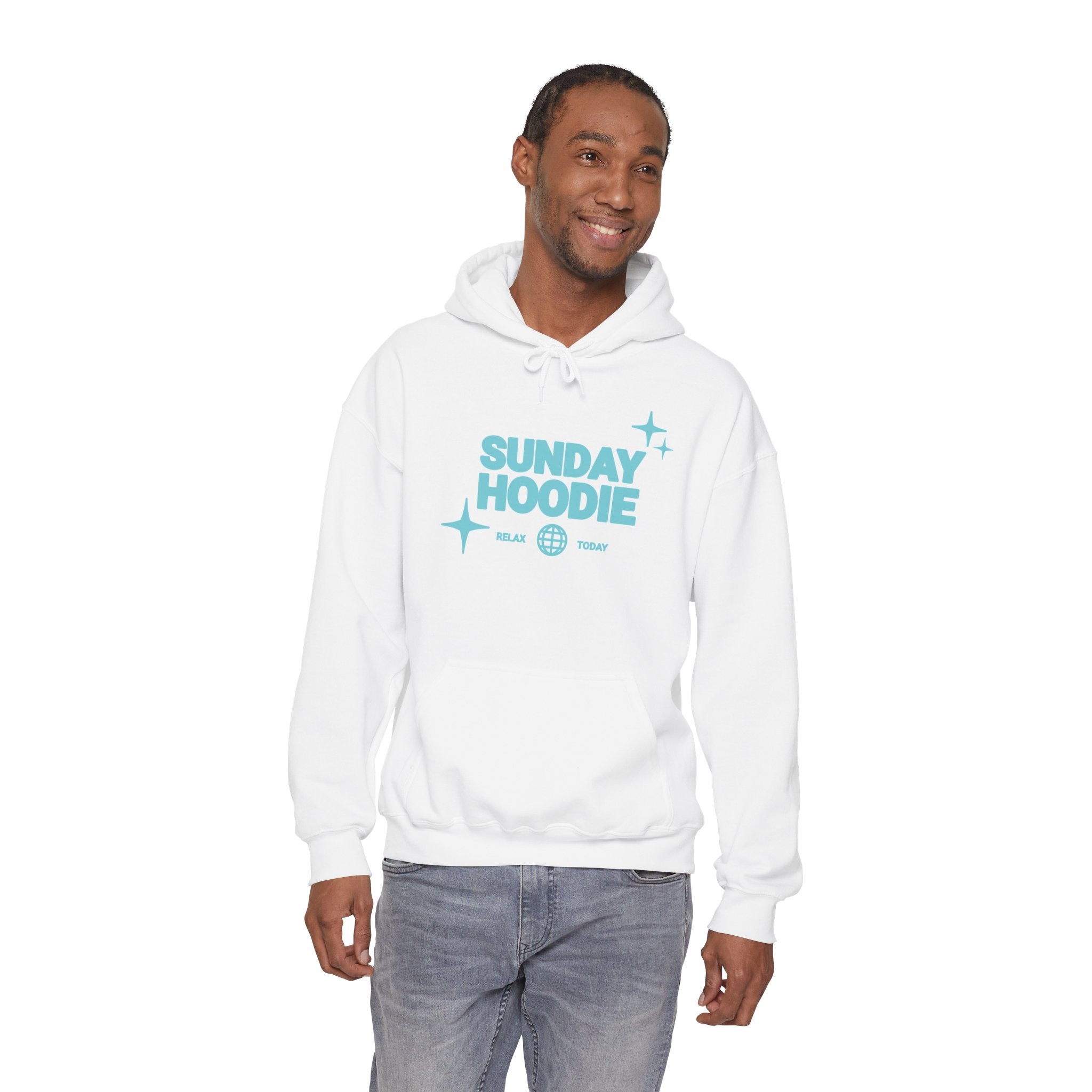 Sunday Hoodie Pullover — Cozy White Hoodie with Retro Aqua Graphic