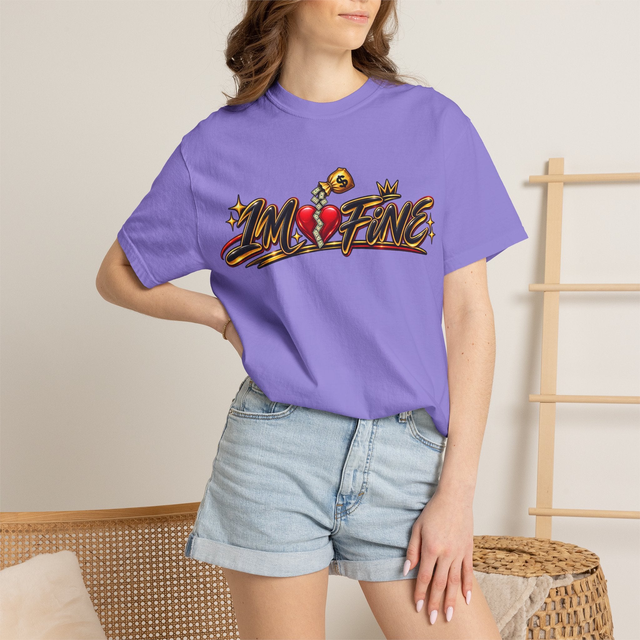 T-Shirt — "I'm Fine" Graphic Tee with Broken Heart Street Art Design