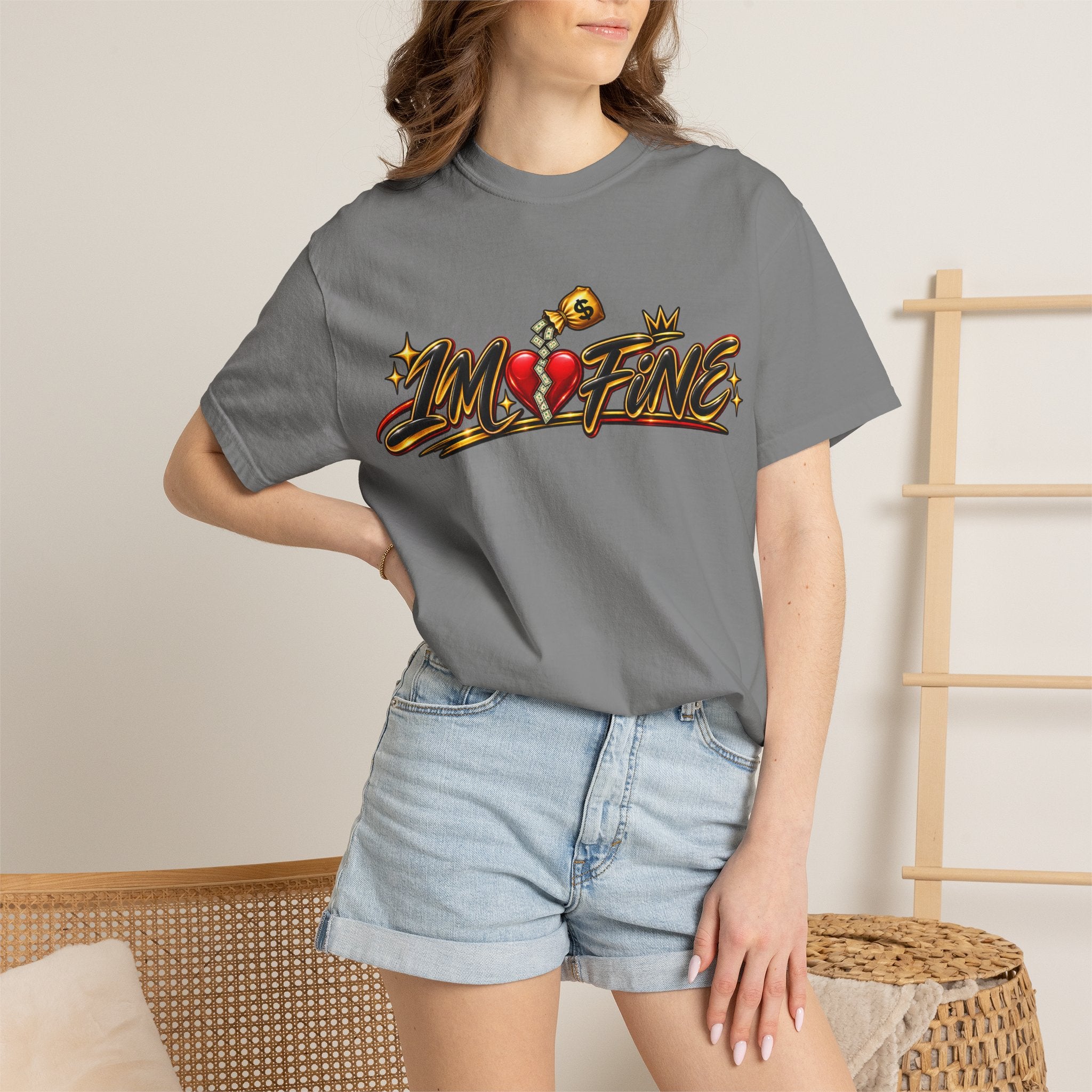 T-Shirt — "I'm Fine" Graphic Tee with Broken Heart Street Art Design