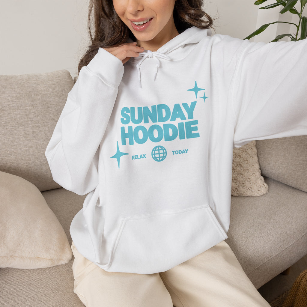 Sunday Hoodie Pullover — Cozy White Hoodie with Retro Aqua Graphic