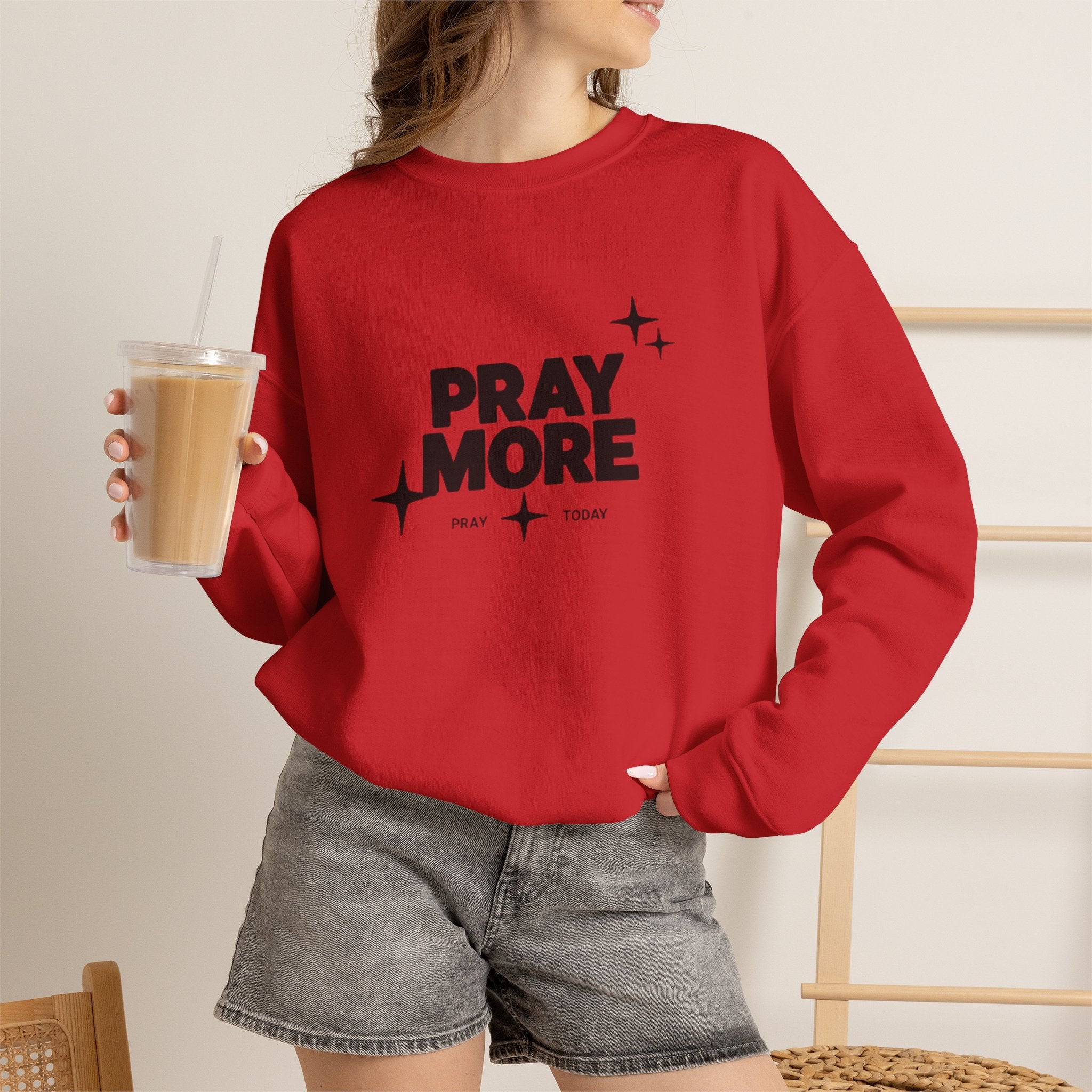 Pray More Crewneck Sweatshirt — Inspirational Christian Faith Graphic