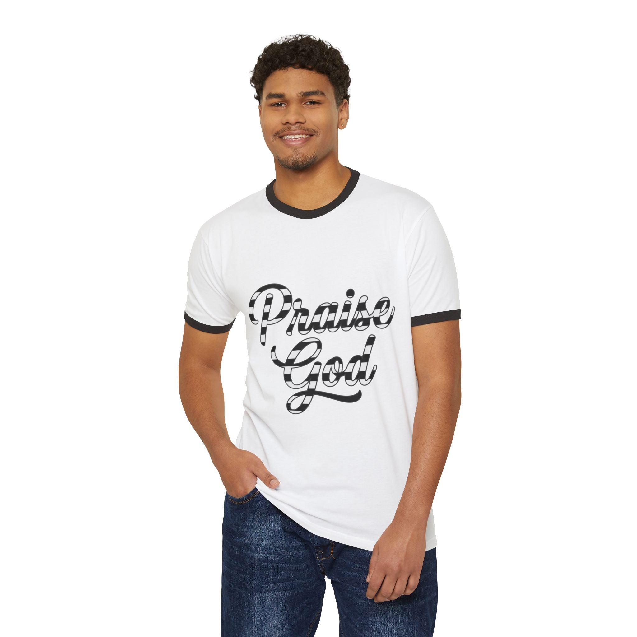 Praise God Ringer T-Shirt — Retro Script Faith Tee