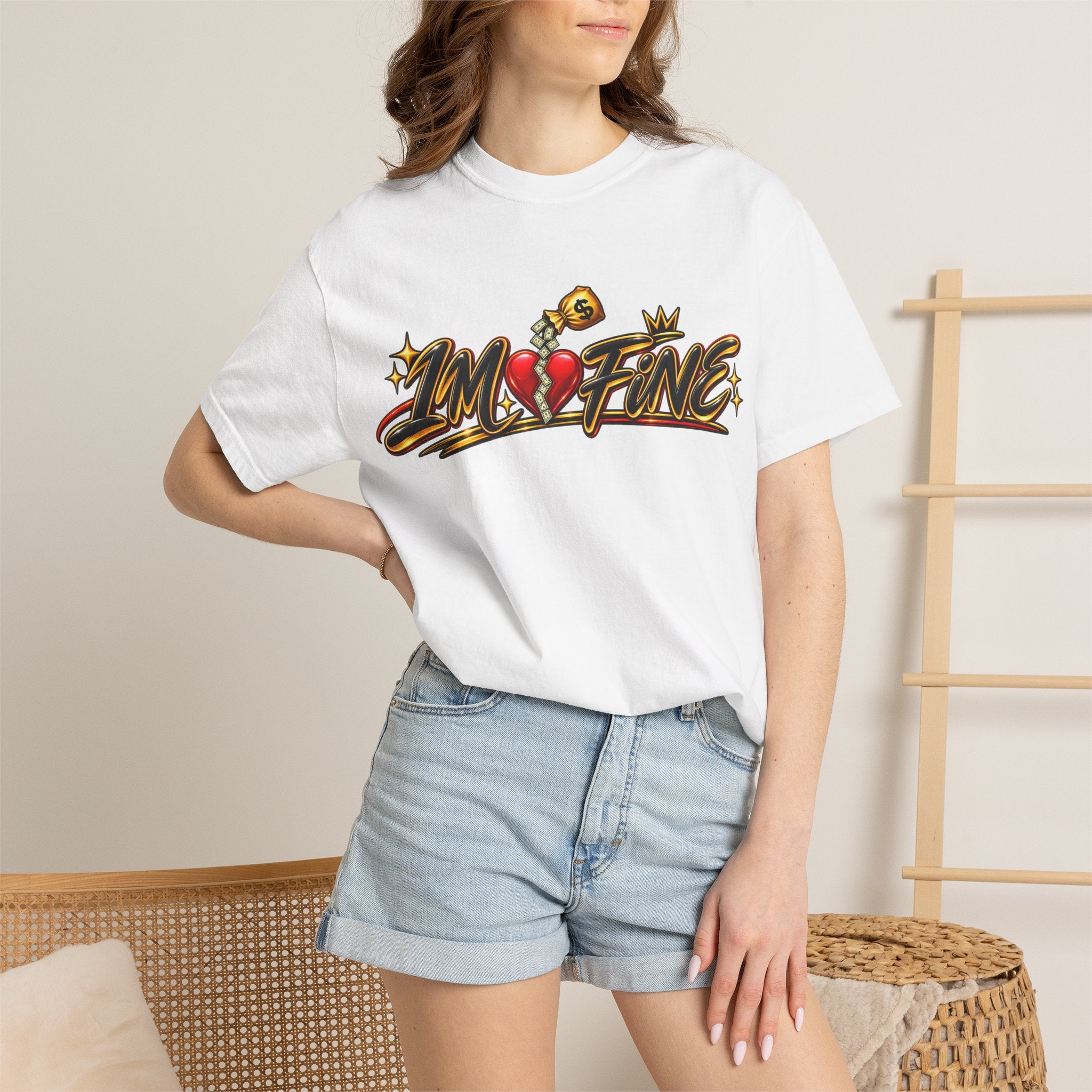 T-Shirt — "I'm Fine" Graphic Tee with Broken Heart Street Art Design