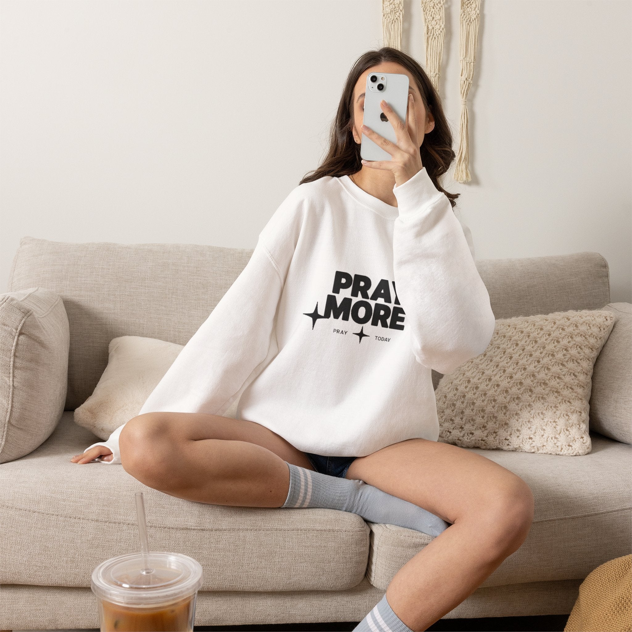 Pray More Crewneck Sweatshirt — Inspirational Christian Faith Graphic