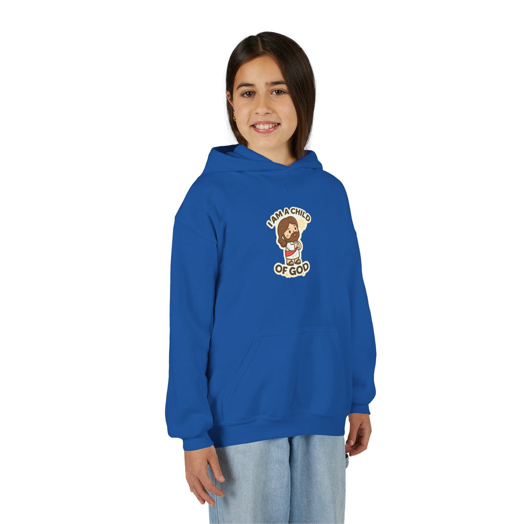 Youth Hoodie — "I Am a Child of God" Cute Kids Christian Pullover