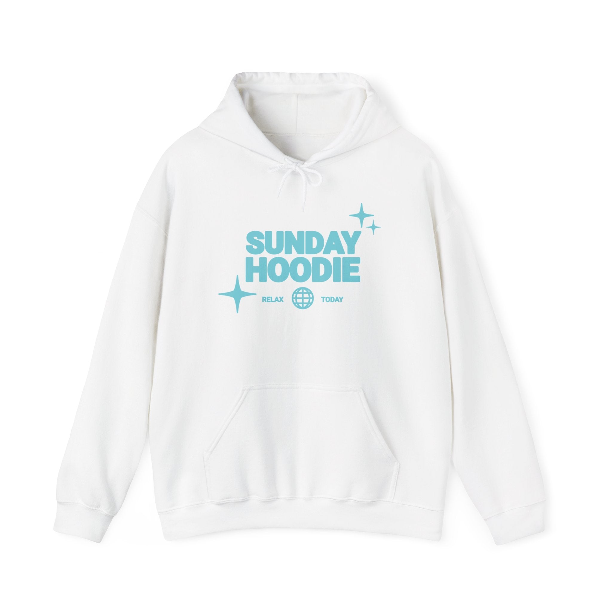 Sunday Hoodie Pullover — Cozy White Hoodie with Retro Aqua Graphic