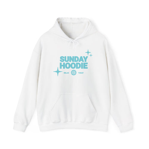 Sunday Hoodie Pullover — Cozy White Hoodie with Retro Aqua Graphic