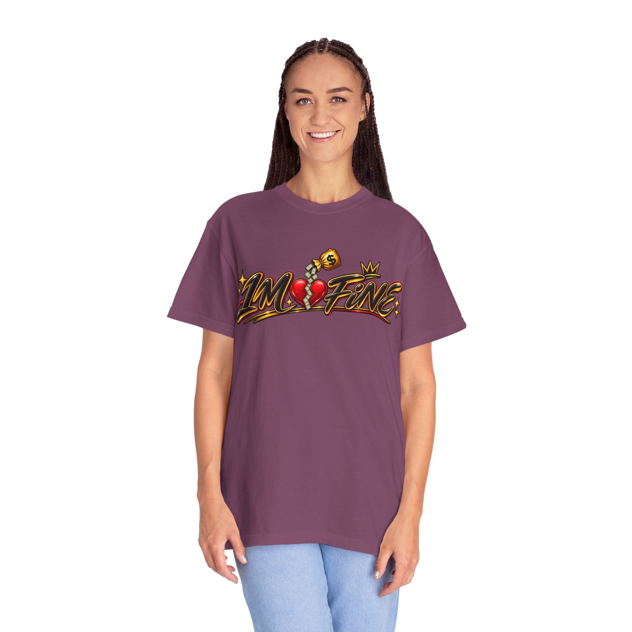 T-Shirt — "I'm Fine" Graphic Tee with Broken Heart Street Art Design