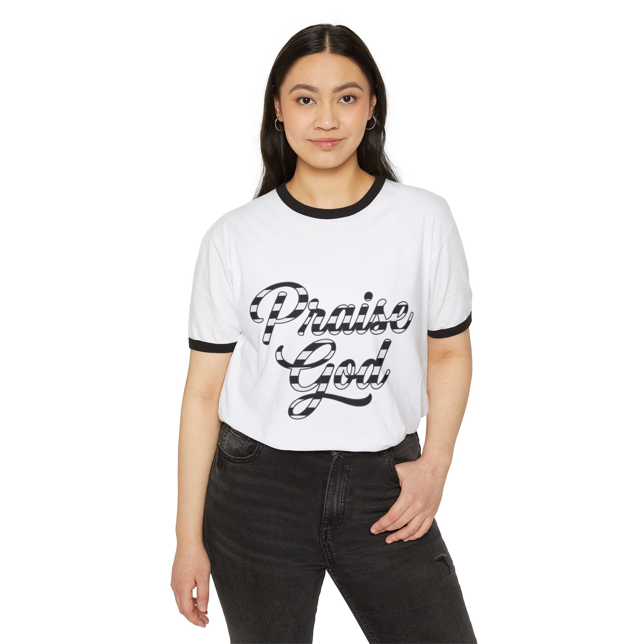 Praise God Ringer T-Shirt — Retro Script Faith Tee