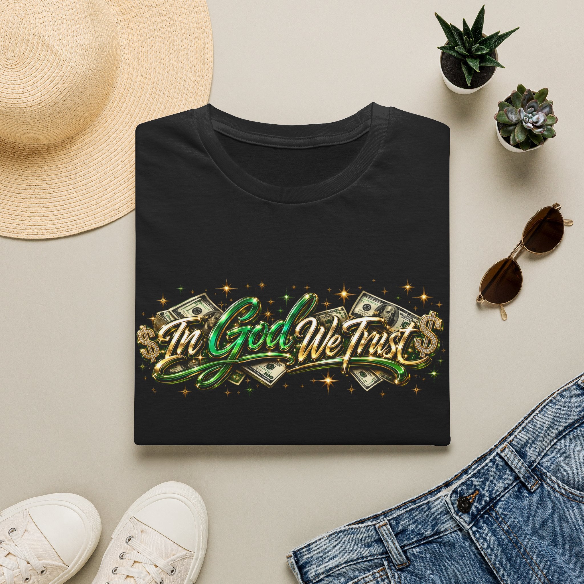 T-Shirt — "In God We Trust" Green Money Script Graphic Tee